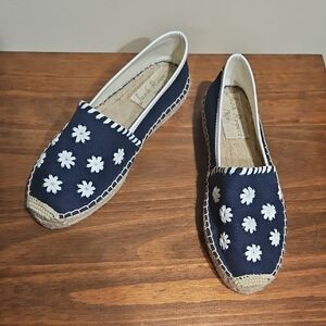 Jack Rogers Palmer Espadrille Wedge Shoes Navy Blue White Floral Canvas Size 9.5